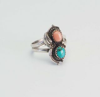 Elegant Vintage Sterling Silver Turquoise Coral Native American Ring Size 7.  5