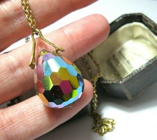 Vintage Jewellery Large Chunky Faceted Rainbow Crystal Ab Pendant Necklace