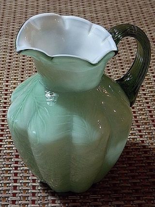 Vtg Fenton Glass Pitcher Vase - Spring Green Fern Glass - Cased -