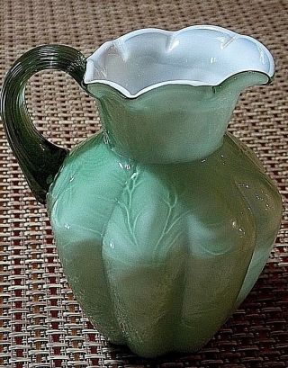 Vtg Fenton Glass Pitcher Vase - Spring Green Fern Glass - Cased - 2