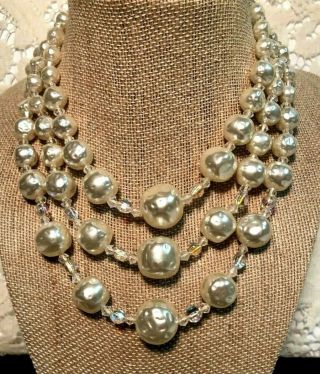 Vintage Pearl Necklace Multi Strand Large White Baroque Faux Pearl Ab Glass Bead
