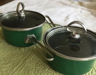 Vintage Green Chantal Saucepans Set Enameled With Two Steel Glass Lids