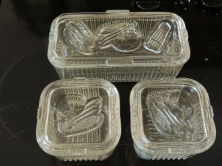 Set Of 3 Vintage Federal Glass Refrigerator Clear Ribbed Dish Vegetable Designs