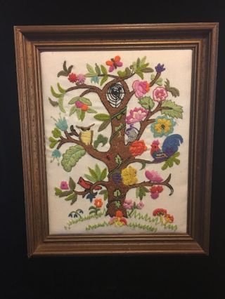Ecology Tree Erica Wilson Vintage Crewel Embroidery Framed Finished Wow