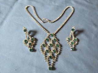 Vintage Silver - Tone Metal Green Clear Rhinestone Necklace & Earrings Demi - Parure