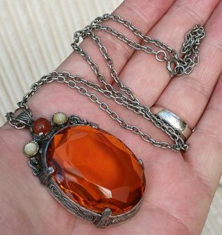 Old Vintage Signed Miracle Jewellery Celtic Amber Agate Plaid Pendant & Chain