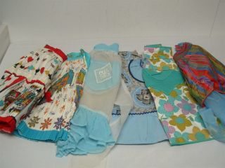 6 Vtg Ladies Half Aprons Mid Century,  Flowers,  Pleated Rooster,  Deck Of Cards