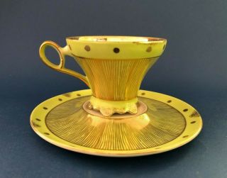 Vintage Lefton Hand - Painted Tea Cup & Saucer Green Gold Luster 546 Mid - Century