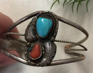 Vintage Navajo Native Sterling Silver Turquoise Coral Cuff Bracelet Old Pawn