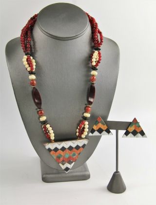 70s Vintage Lee Sands Style Inlaid Inlay Coral Mop Abalone Necklace Earrings Set