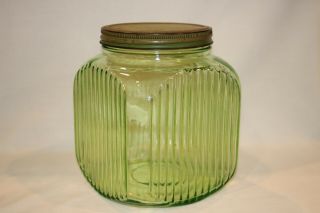 Vintage Green Ribbed Glass Jar Canister W/ Orig Lid 7 7/8 " Tall 6 1/2 " X 6 1/2 "