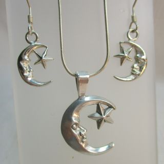 Vintage Handmade Set Artisan Sterling Silver Moon & Star Earrings And Necklace