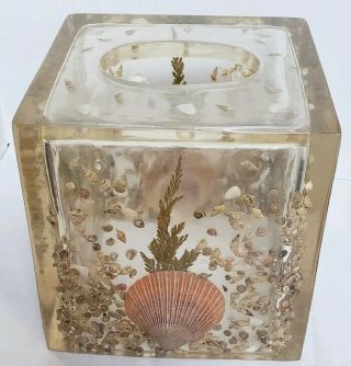 VTG 80 ' s Acrylic lucite tissue box Holder natural Sea Shell Motif thick & heavy 5