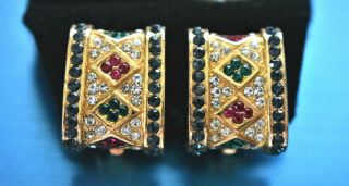 Lovely Vintage Signed Ciner (r) Gold Tone Multi Color Crystals Clip Earrings Cb8