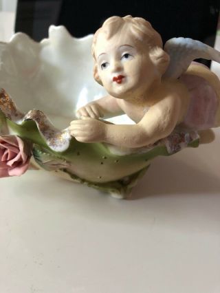 Vntg Lefton China 837 Hand Paint Candy Dish With Angel & Raised Pink Roses Japan