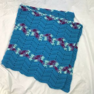Vintage Handmade Knit Chevron Afghan Blanket Blue Purple Aqua
