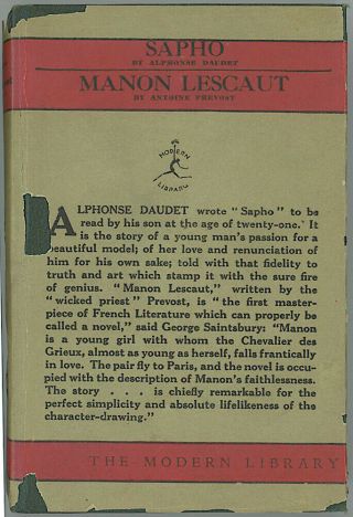 C1919 Modern Library 85 Sapho & Manon Lescaut Daudet & Prevost In Dustjacket