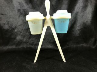 Vintage Tupperware Atomic Picnic Salt And Pepper Shakers W/ Lids And Stand