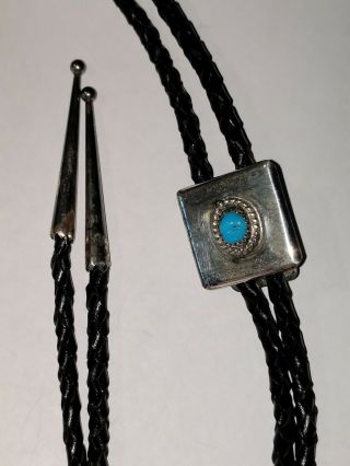 Vintage Navajo Sterling Silver Turquoise Bolo Tie Signed