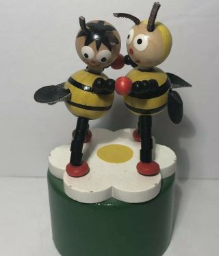 Vtg Wooden Push Puppet Dancing Bees On Flower
