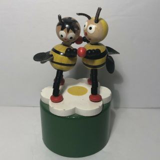 Vtg Wooden Push Puppet Dancing Bees On Flower 2