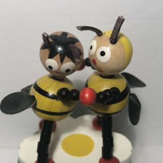 Vtg Wooden Push Puppet Dancing Bees On Flower 3