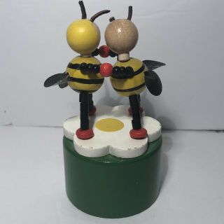 Vtg Wooden Push Puppet Dancing Bees On Flower 4