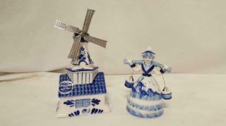 2 Vintage Blue Delft Pottery Milk Maid Figurine & Windmill Coin Bank Piggy Penny