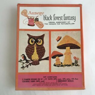 Vintage 1973 Crewel Embroidery Kit Owl And Mushrooms Yarn Hoop For Retro Pillow
