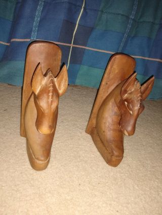 Large Hand Carved Wood Arabian Horse Head Bookends Vintage 8 Inch Tall