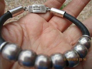 Vintage Silver World Bracelet W/sterling Ball Beads And Leather Mexico Signed