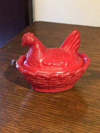 Vintage Westmoreland Miniature Mini Chicken Hen On Nest Salt Dip Red Milk Glass