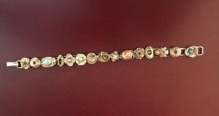 Vintage Gold Tone Faux Slide Bracelet W/ Faux Gems,  Pearls & Cameos