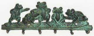 Vintage Brass Figural Frog Key Holder Jewelry Hook Rack Wall Mount 7 " Plaque