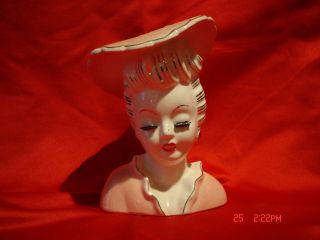 Vintage Napco Mid Century Lady Head Vase - Pink With Bright Gold Highlights