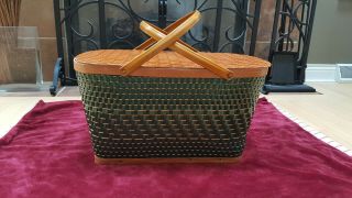 Vintage Green Woven Picnic Basket In