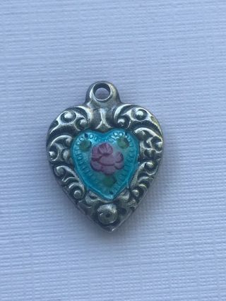 Vintage Sterling Silver Repousse Enamel Puffy Heart Charm Guilloche Rose