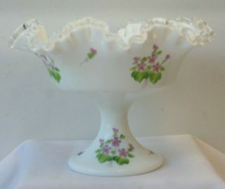 Vintage Fenton Art Glass Compote Flowers Silvercrest Milk Glass Hp Signed Artist