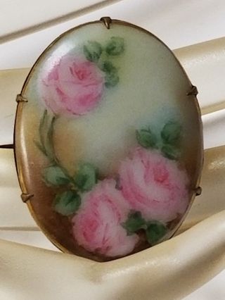 Vintage Victorian Hand Painted Porcelain Roses Pin Brooch C - Clasp Closure