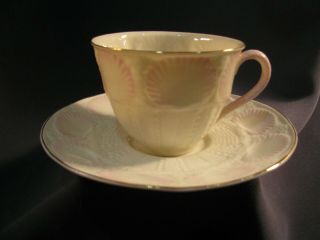 Vintage Belleek Shell Pink Cup & Saucer - Gold Tone Edging - Very Fine