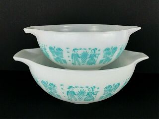 Vintage Pyrex Amish Butterprint Cinderella Bowls 443 And 444 Turquoise On White