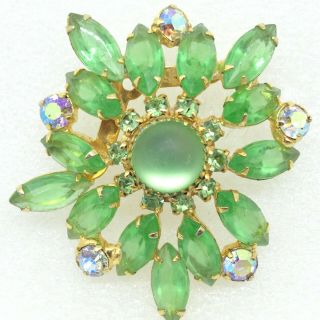 Vintage Flower Brooch Pin Green Glass Marquise Cabochon Ab Rhinestone Jewelry