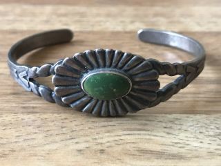 Vintage Fred Harvey Era Sterling Silver & Green Turquoise Cuff Bracelet