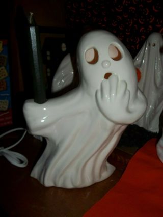 Vtg Inspired 1960s Halloween Ceramic Spooky Ghost Light Holding Old Black Candle