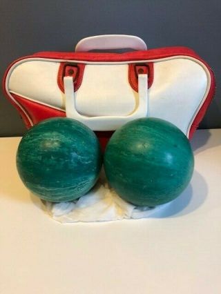 2 Vintage Duckpin Bowling Balls - Turquoise / Green Swirl - Red White Bag