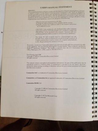Commodore Personal Computer 64C System Guide Learning To Program Basic 2.  0 Book 3