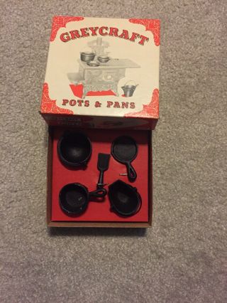 Vintage Boxed Set " Greycraft " Miniature Cast Iron Pots & Pans