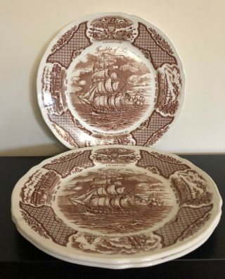 Vintage Fairwinds Friendship Of Salem Brown Transferware Dinner Plates With Ship
