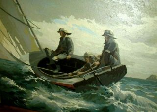 Vintage Paint By Numbers Framed Painting Nautical Men In Boat @ Sea 18 X 24
