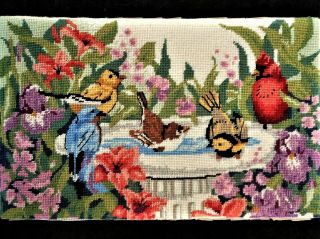 Colorful Vtg Bird Bath Floral Finished Completed Wall Art Tapestry Needlepoint
